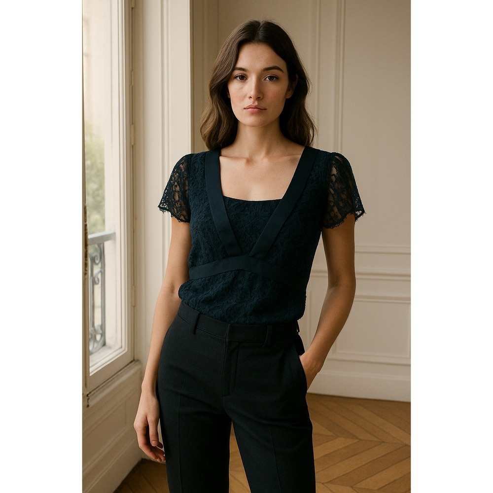 Lace Top Blouse Navy Short Sleeve Square‎ Neck Ribbon Tie Elegant Career